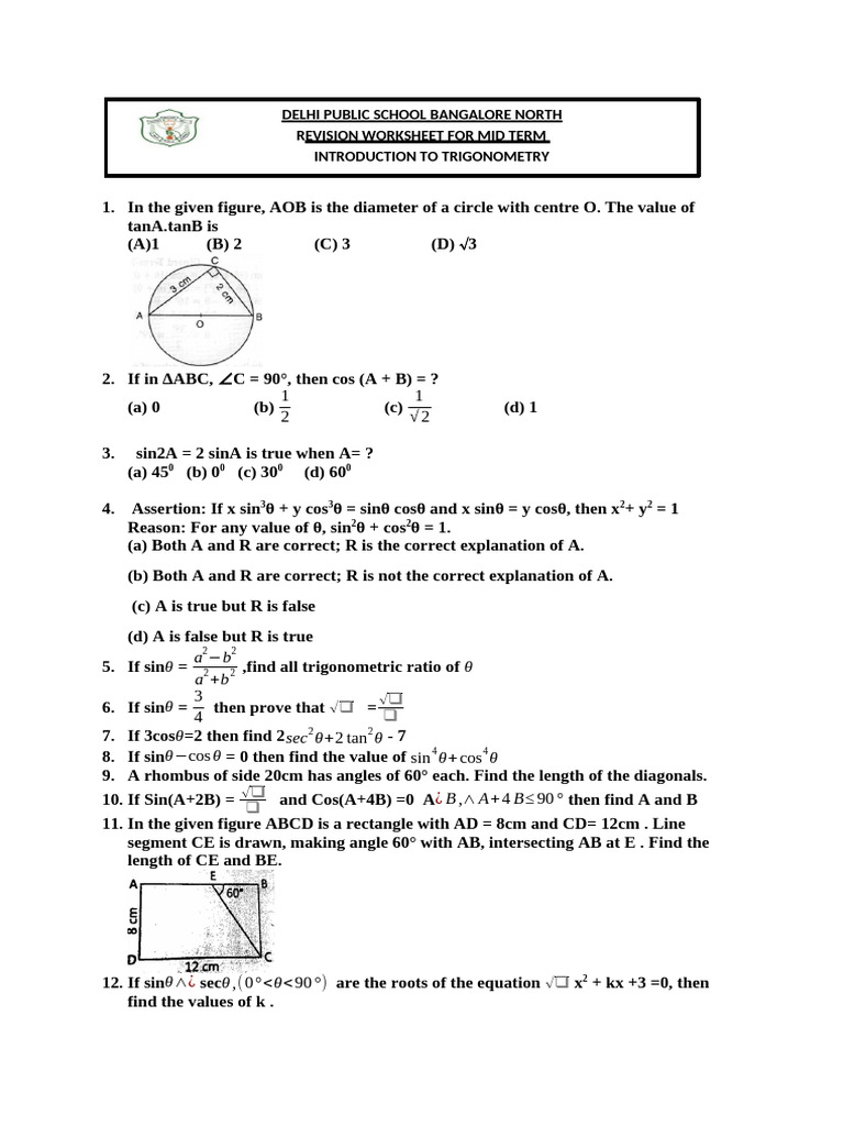 Delhi Public School Bangalore North Revision Worksheet For Mid Term ...