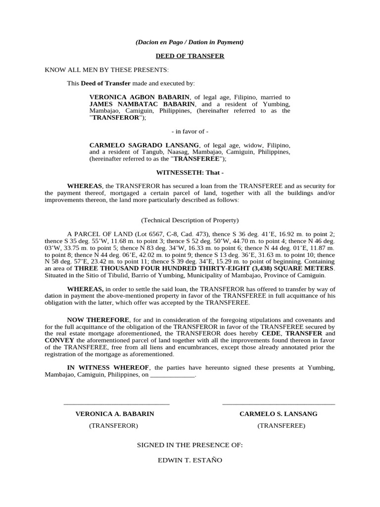 Dation in Payment Deed Transfer | PDF | Mortgage Law | Common Law