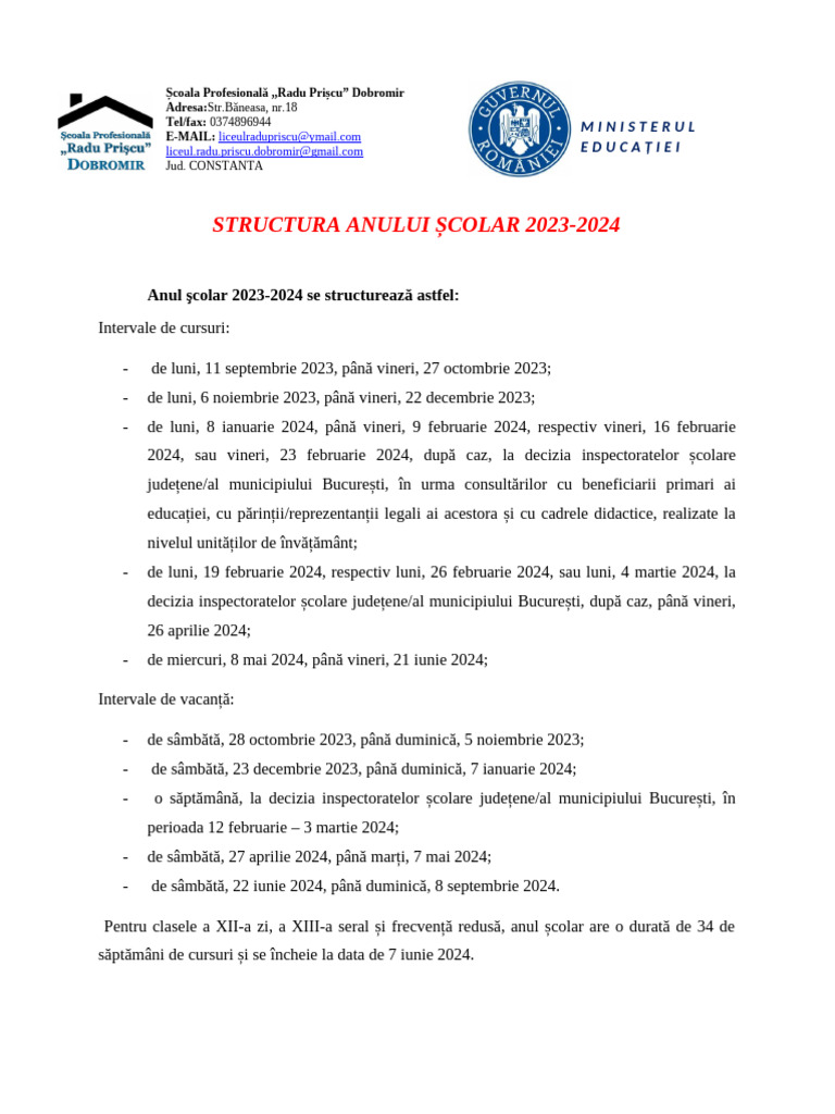 2 Structura Anului Scolar 2023-2024 | PDF