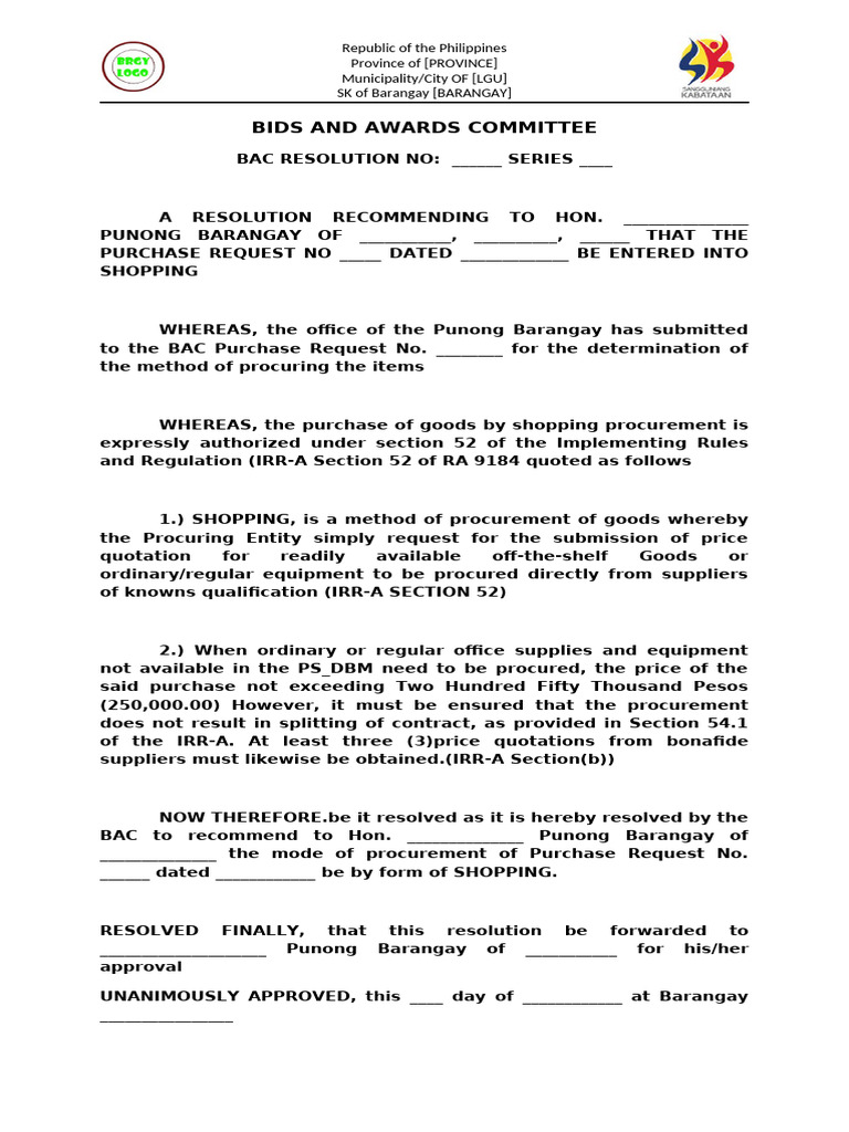 Barangay BAC Resolution for Shopping Procurement | PDF | Procurement