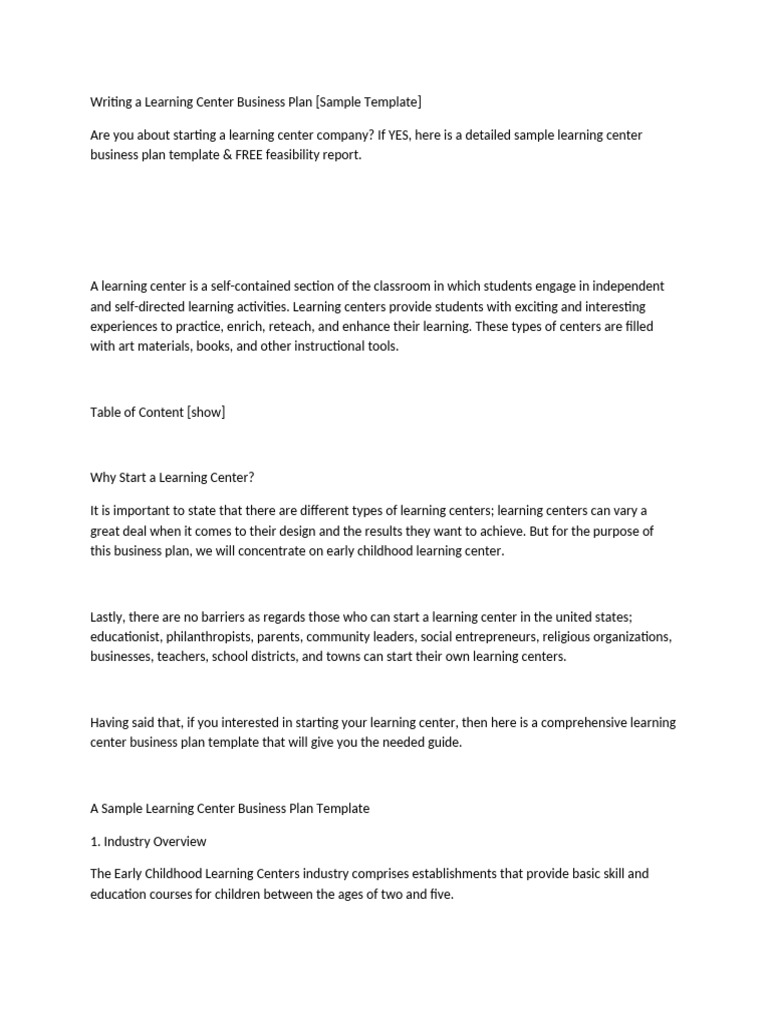 Learning Center Business Plan Template | PDF | Child Care | Banks