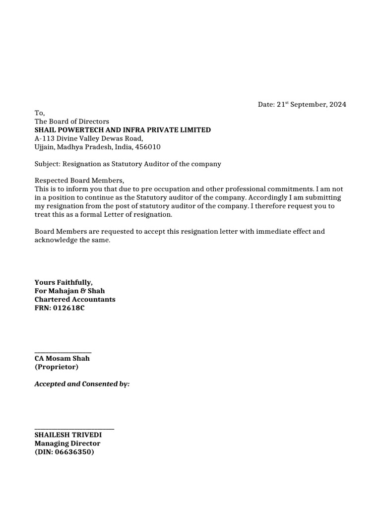 Resignation Letter of Statutory Auditor | PDF