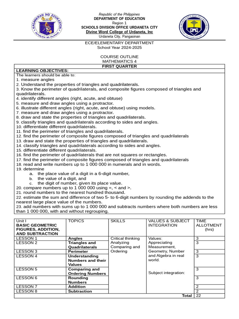 Course-Outline-Mathematics 4 | PDF | Triangle | Division (Mathematics)