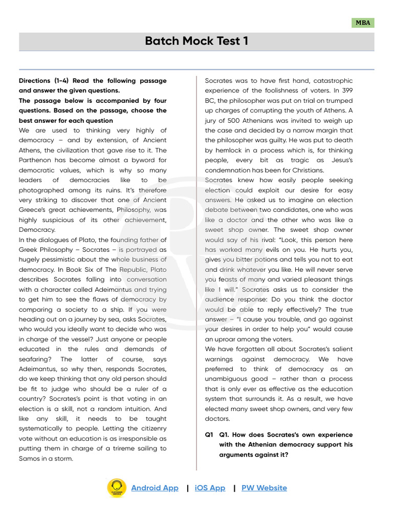 MBA - Batch Mock Test 1 - DPP - PDF 1 | PDF | Socrates | Democracy