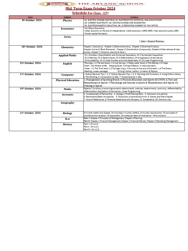Exam Schedule of Class - 12 - 1 | PDF | Derivative | Determinant