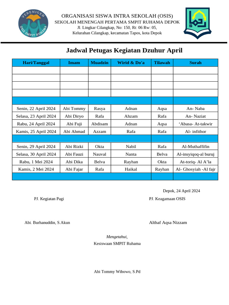 Jadwal Kegiatan Dzuhur OSIS SMPIT Ruhama | PDF