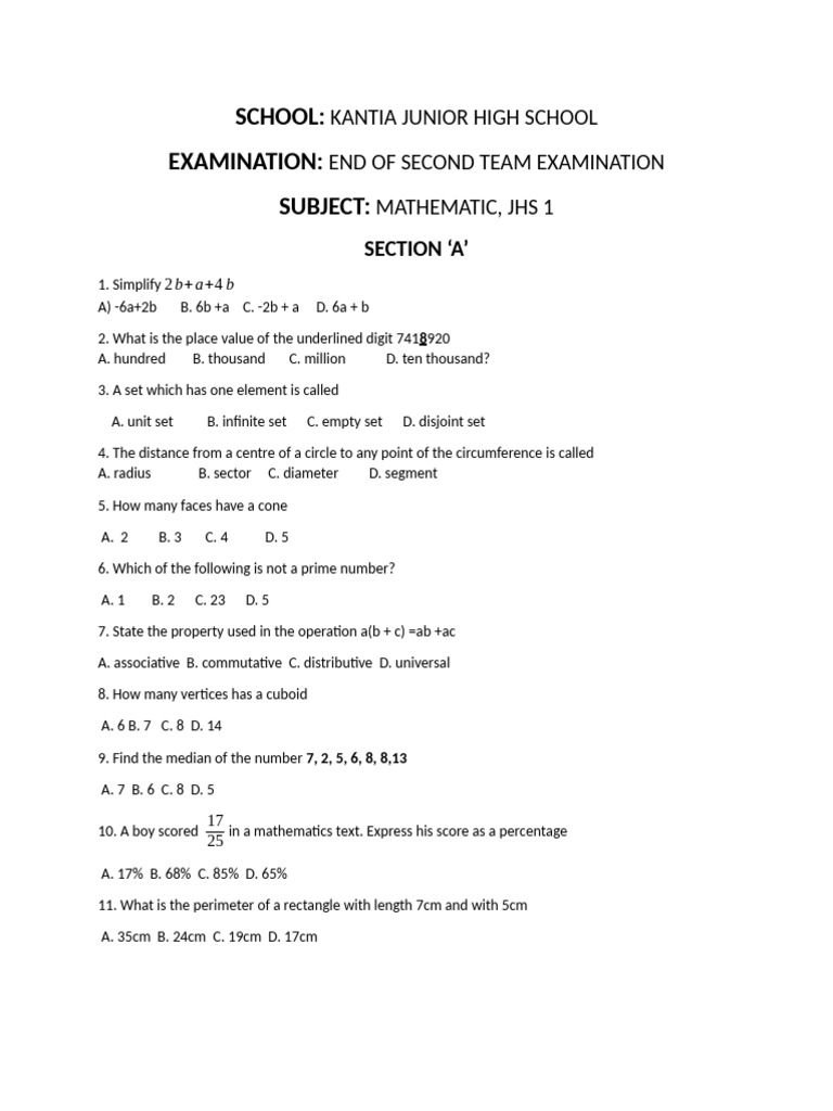 JHS 1 Mathematics Exam Paper | PDF | Triangle | Geometry