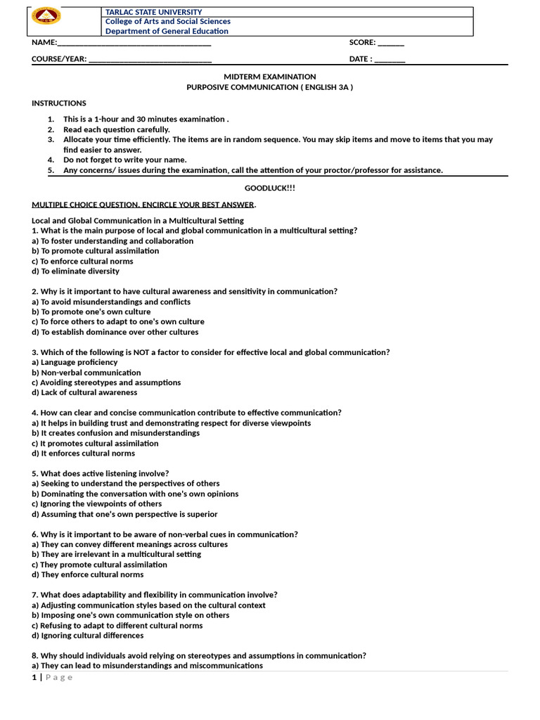 eng 3a midterm exam - Copy | PDF | Communication | Cross Cultural ...