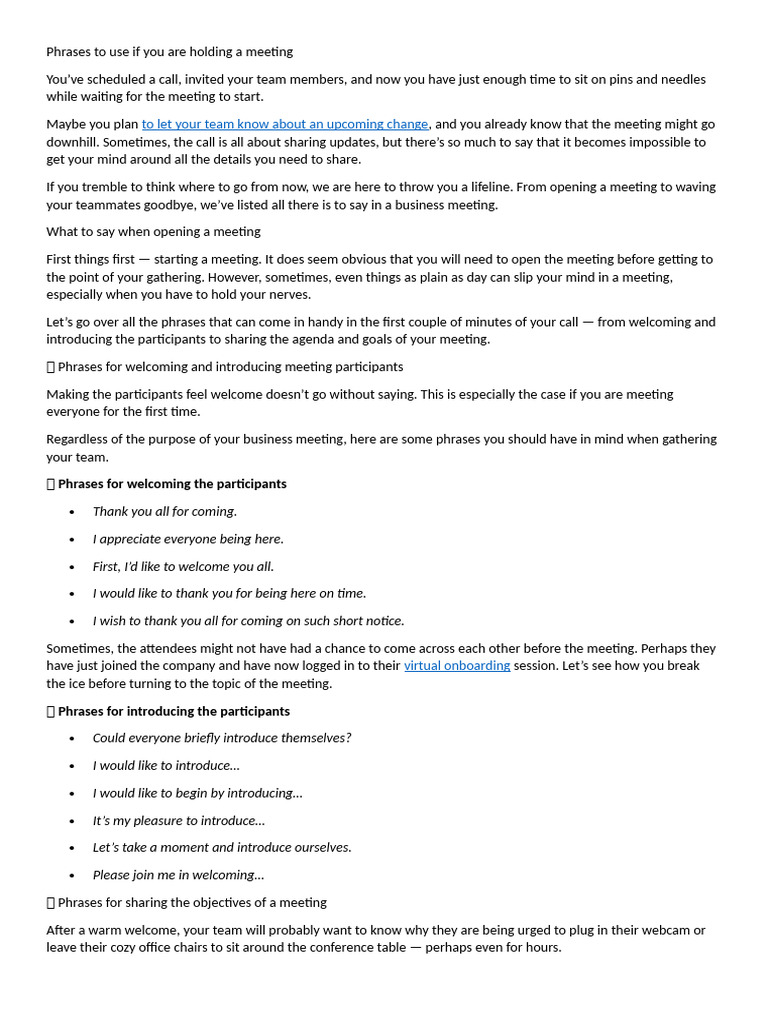 Phrases to use if you are holding a meeting | PDF | Thought