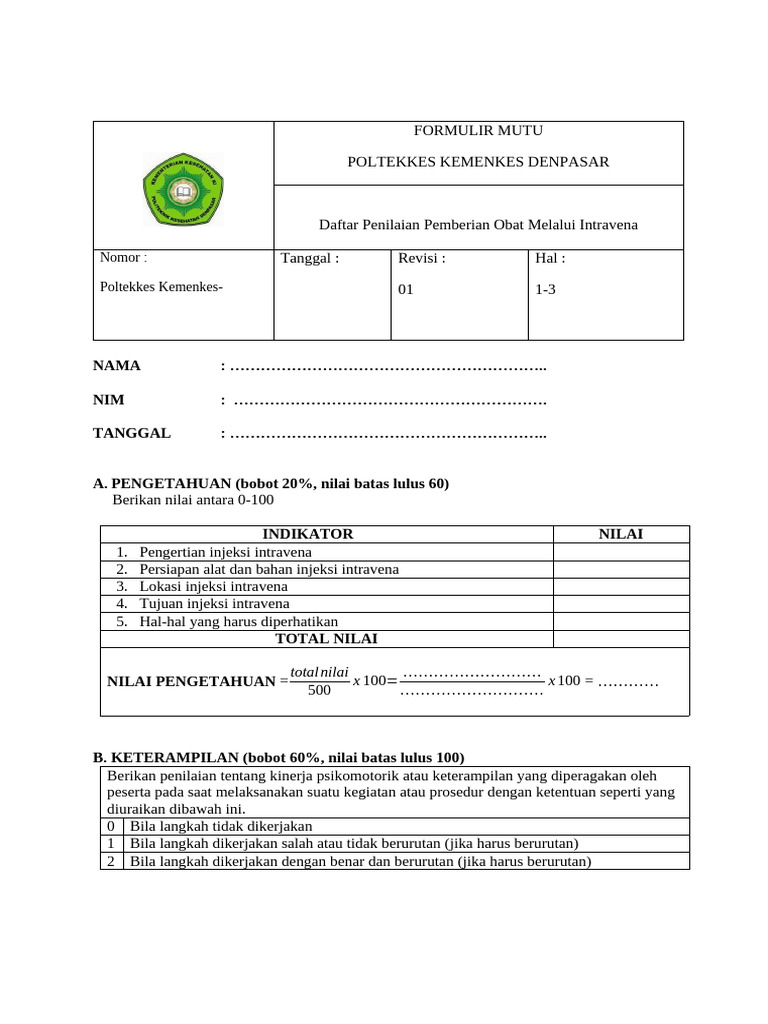 Penilaian Keterampilan Injeksi Intravena | PDF