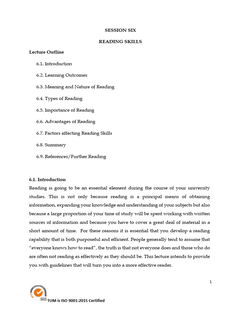 Session Six Reading Skills | PDF | Speed Reading | Hearing Loss