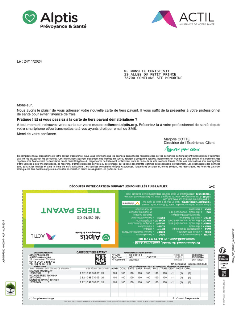 Carte de Tiers Payant Actil | PDF | Assurance | Professionnel de la santé