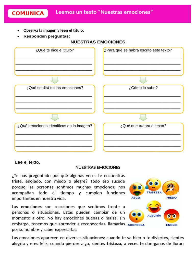 D3 A1 FICHA COM. Leemos Un Texto "Nuestras Emociones" | PDF | Las emociones