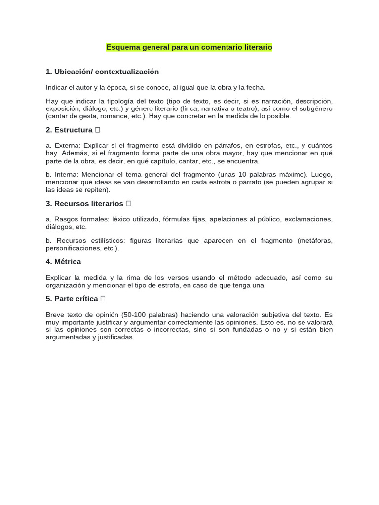 Esquema general para un comentario literario | PDF