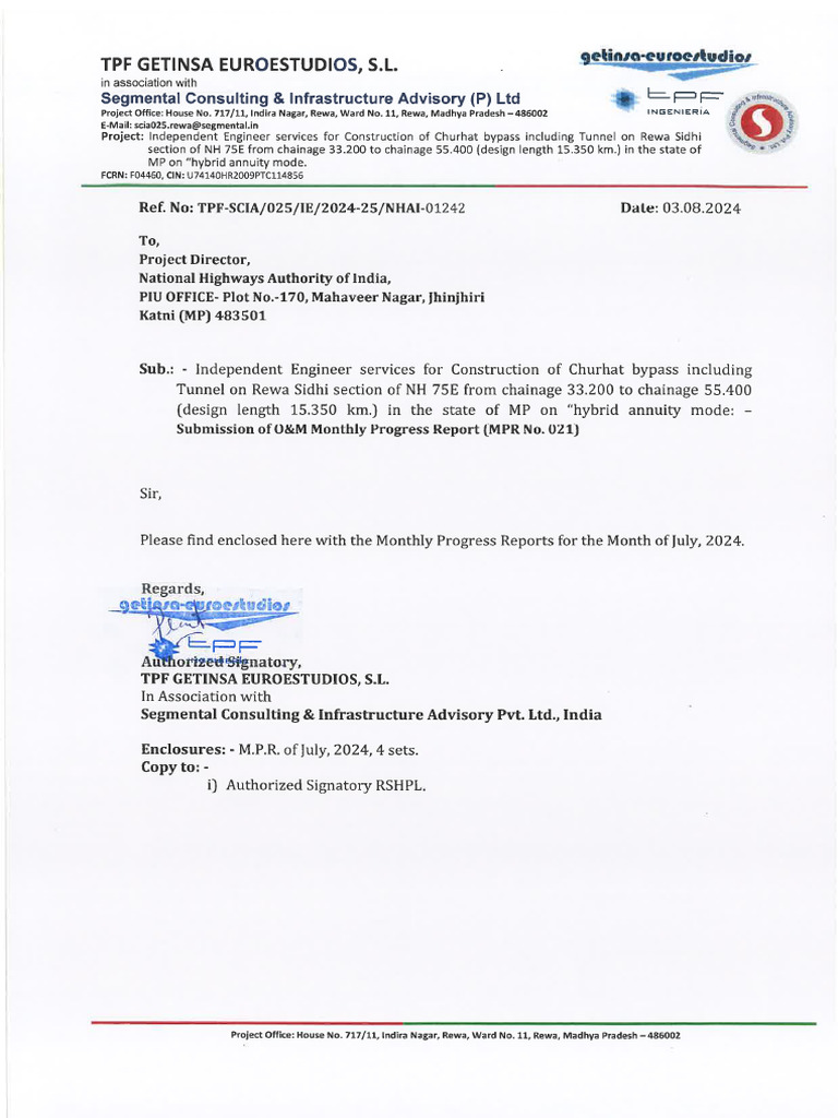 Letter No-01242, Monthly Progress Report (MPR No. 021) | PDF