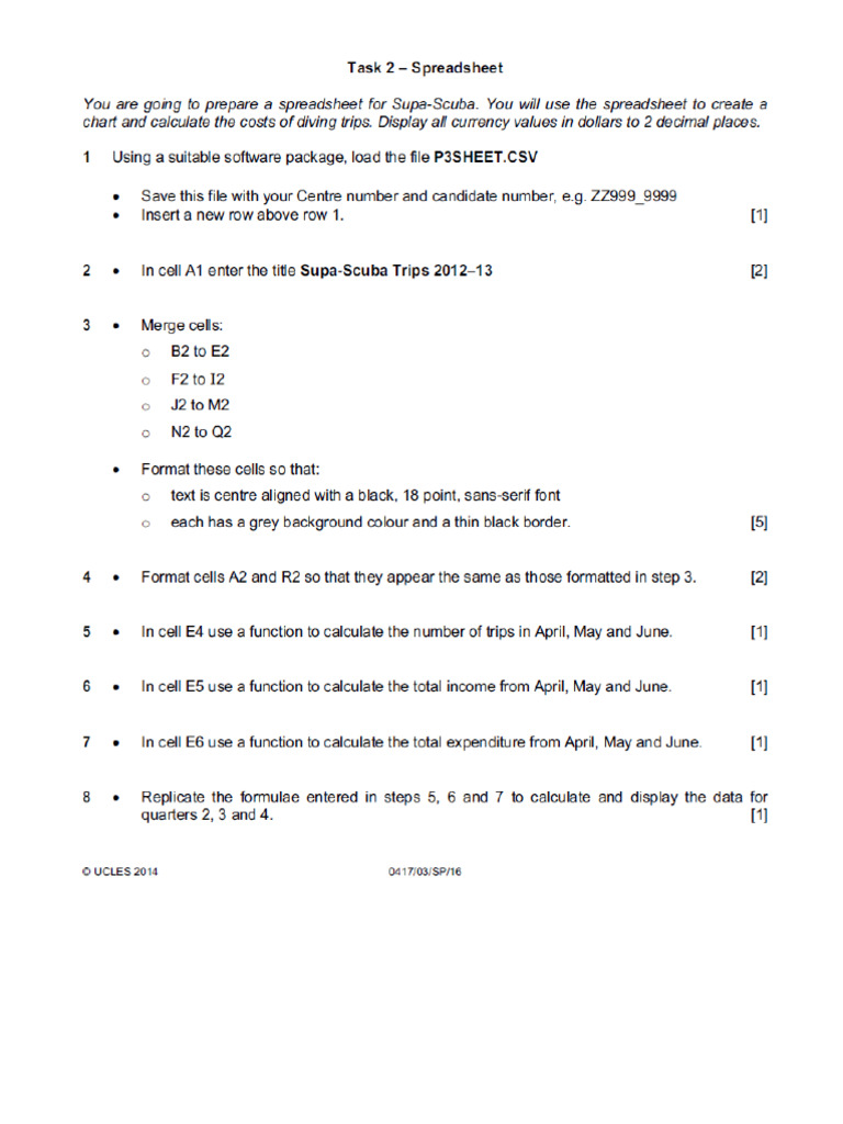 2016 Spreadsheet Tasks Pdf