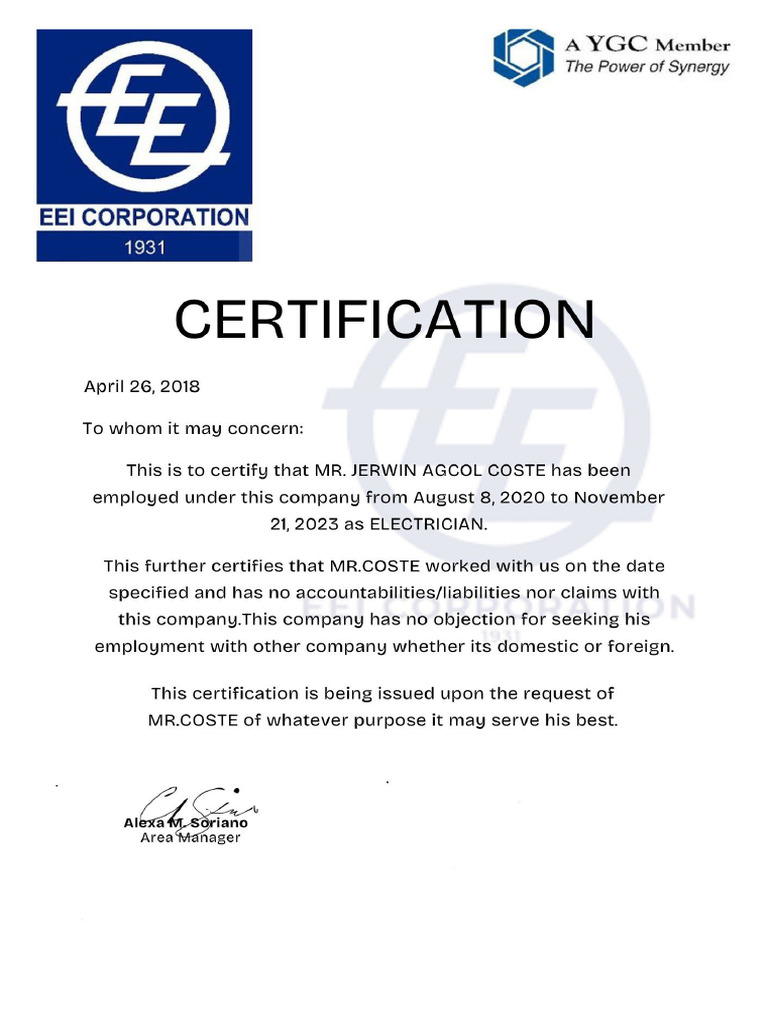 COE of Mr. COSTE | PDF