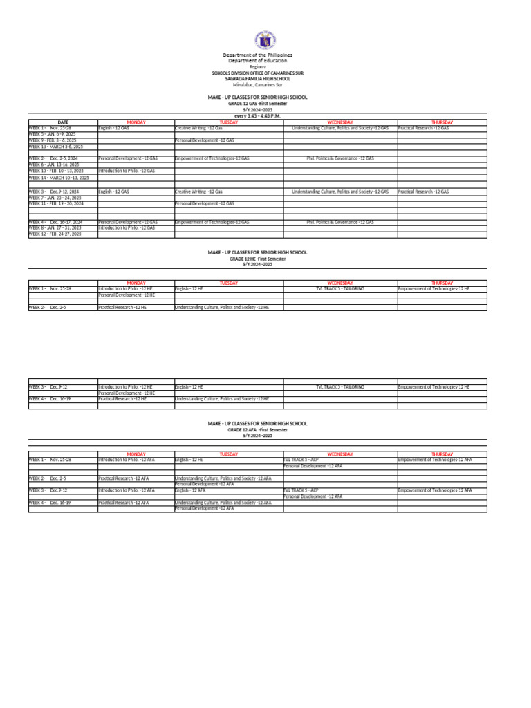 Schedule of shs make up class pdf