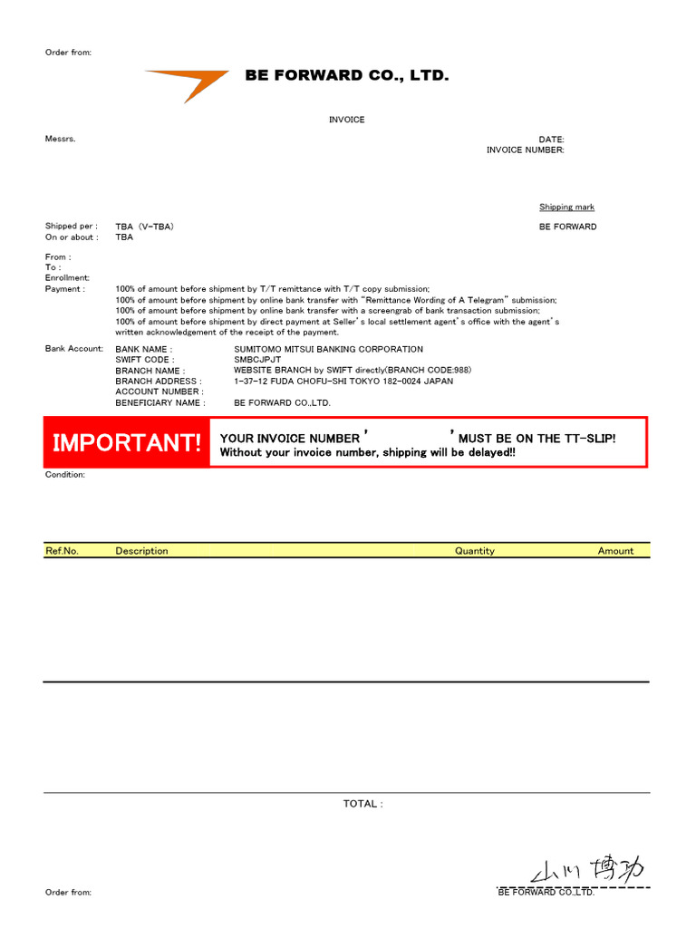 Invoice for Vehicle Purchase from Be Forward | PDF | Indemnity | Sales