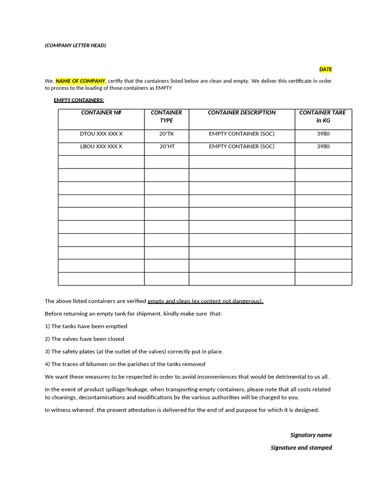 Empty Container Certification Document | PDF
