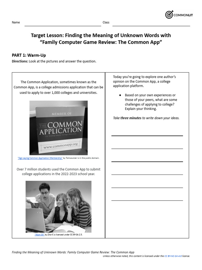 Family Computer Game Review The Common App Target Lesson STUDENT COPY ...