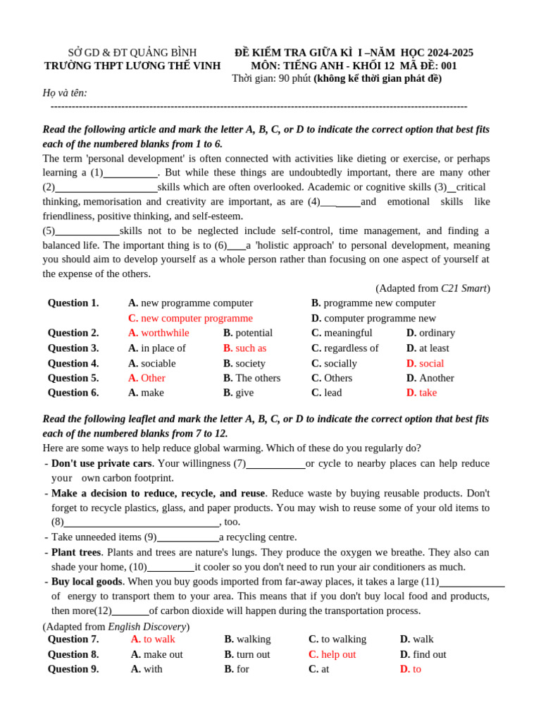 English Test for 12th Grade Students | PDF | Adolescence