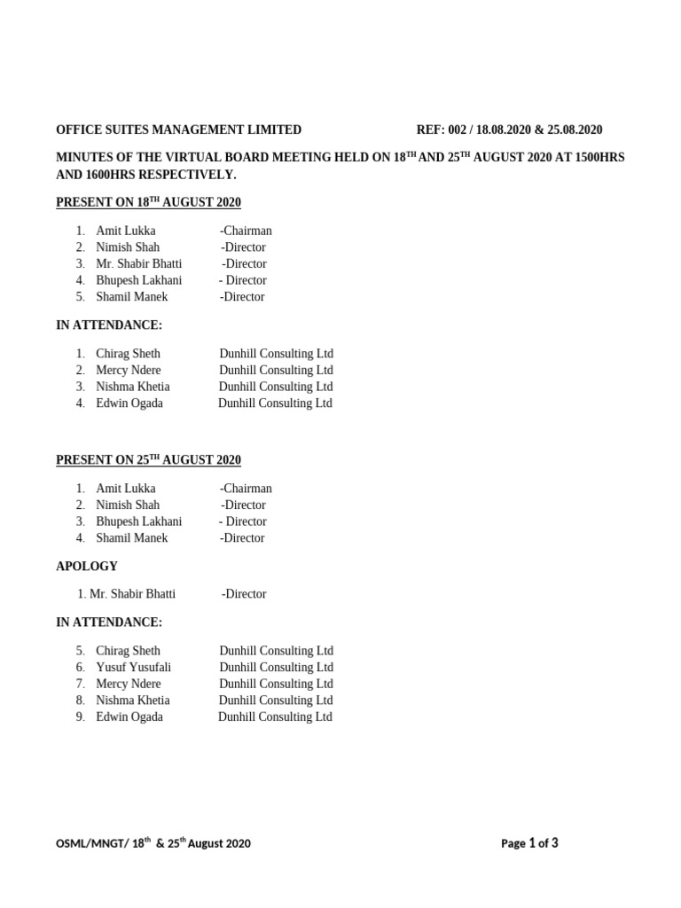 Minutes of OSML Management Meeting Held On 18th 25th August UPDATE | PDF