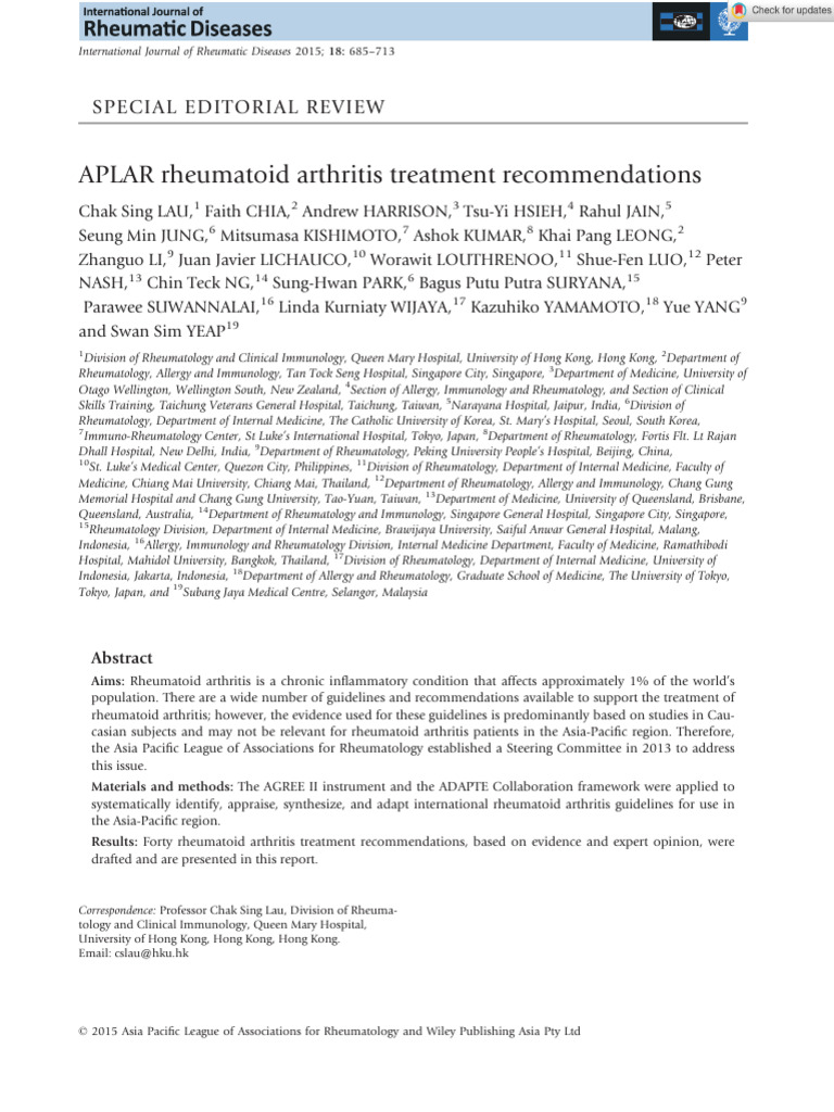 Int J of Rheum Dis - 2015 - Lau - APLAR Rheumatoid Arthritis Treatment ...