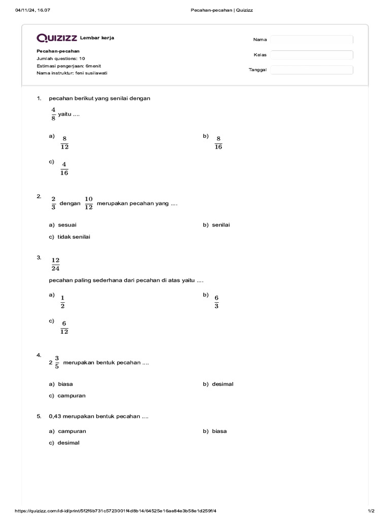 Quizizz Pecahan Pecahan Pdf