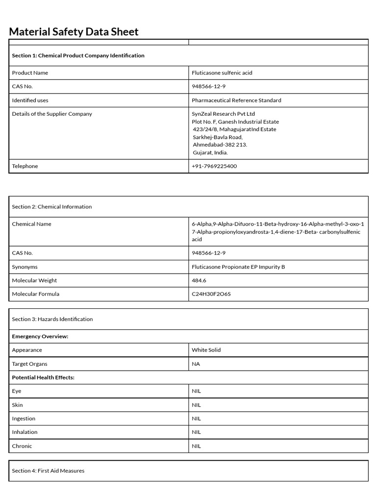 Fluticasone Sulfenic Acid MSDS | PDF | Dangerous Goods | Personal ...