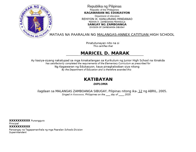2020 Junior High School Certificate of Completion TEACHERPH | PDF