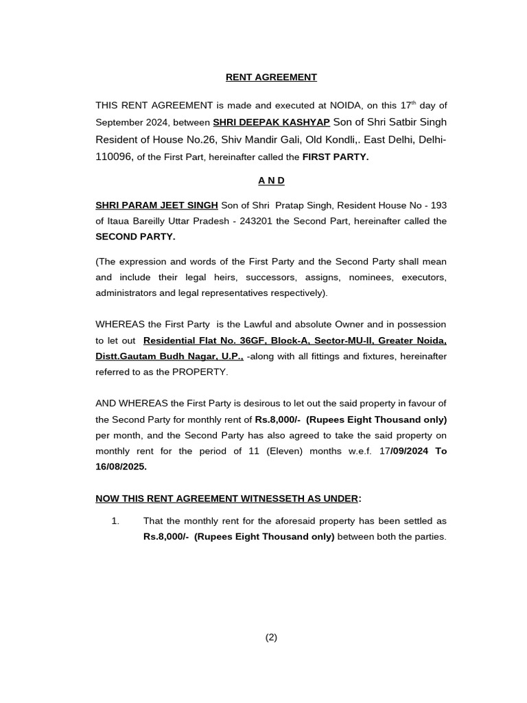 Rent Agreement for Greater Noida Property | PDF | Lease | Private Law