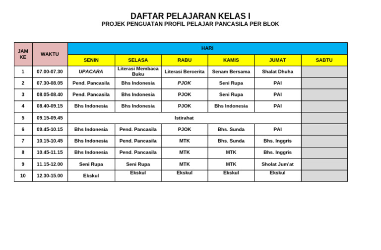 Jadwal Pelajaran Kelas 1 Kurmer 2024-2025 | PDF