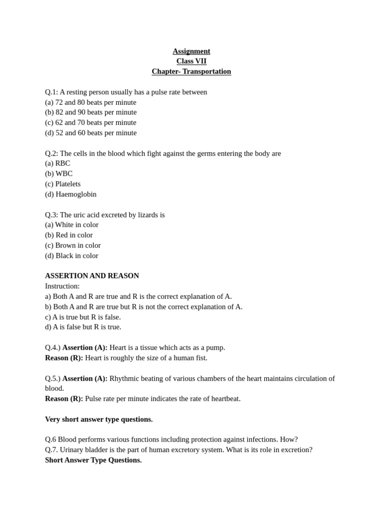 Class VII Transportation Quiz | PDF