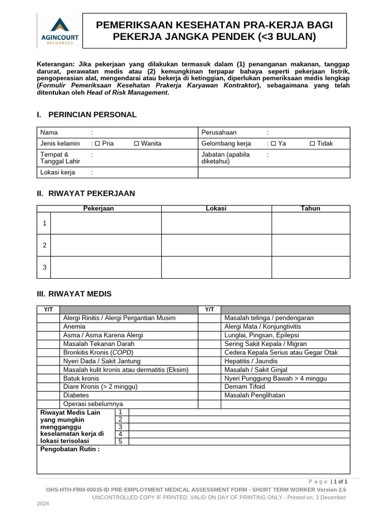 Form Pemerikasaan Kesehatan Pra Kerja Jangka Pendek-Kosong | PDF