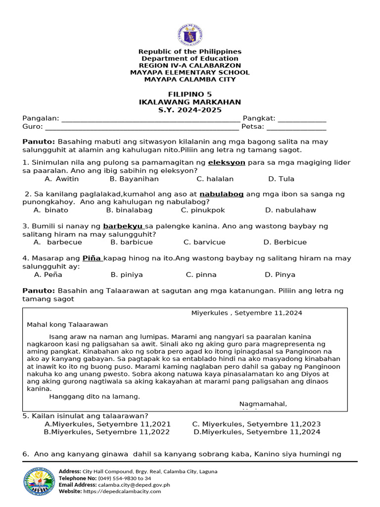 Q2 FILIPINO5 Periodical Test Key To Correction FINAL | PDF