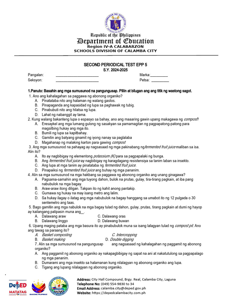 Second Periodical Test Epp 5 Agriculture | PDF
