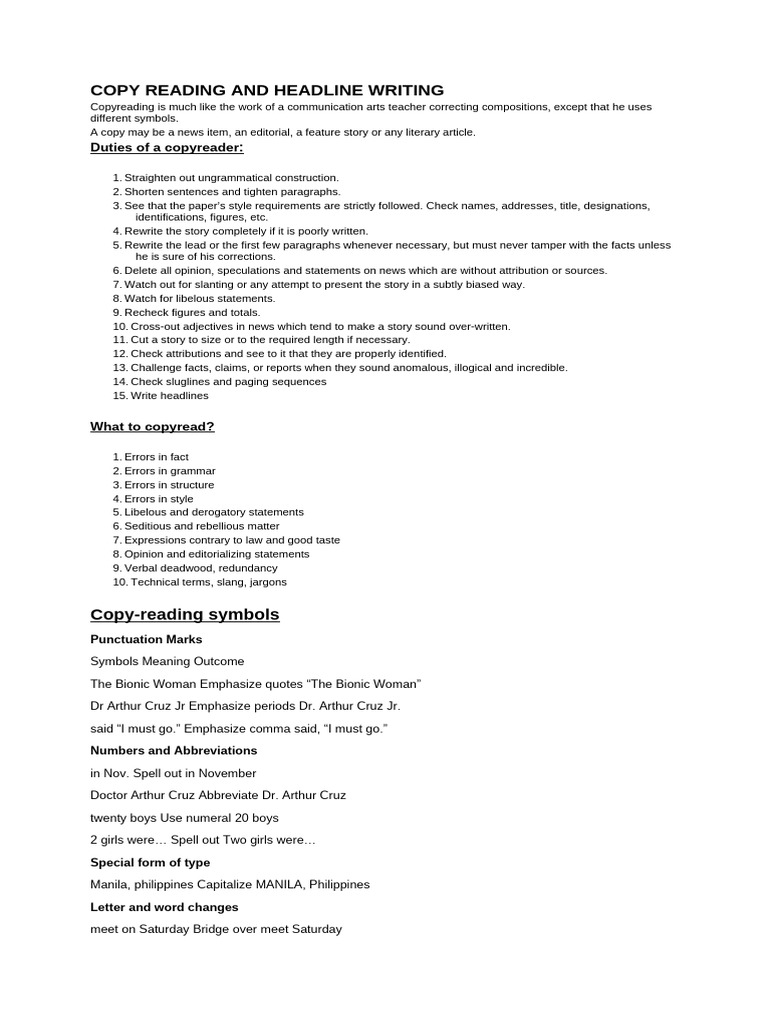 Copyreading & Headline Writing Guide | PDF | Newspapers | Copy Editing