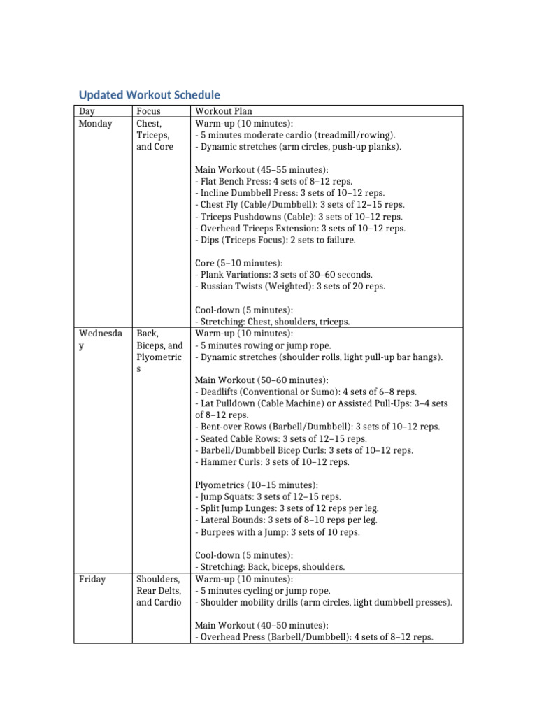 Updated Workout Schedule | PDF | Physical Fitness | Physical Exercise