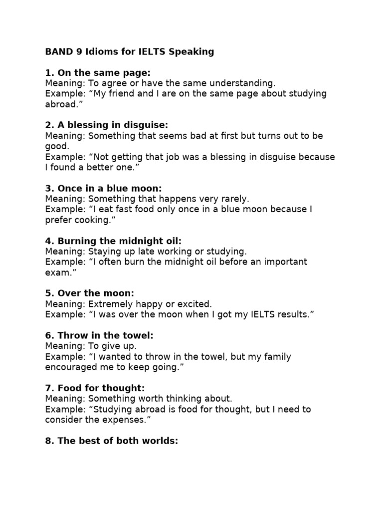 Essential Band 9 Idioms for IELTS Speaking | PDF