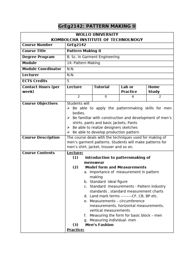 Pattern Making II (GrEg2142) | PDF | Trousers | Shirt