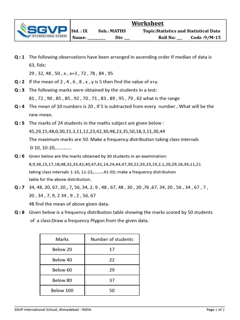 9 - Maths - WS - CH 15 Statistics and Statistical Data | PDF