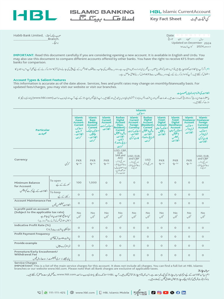 HBL Islamic Account Types Overview | PDF | Banks | Payments