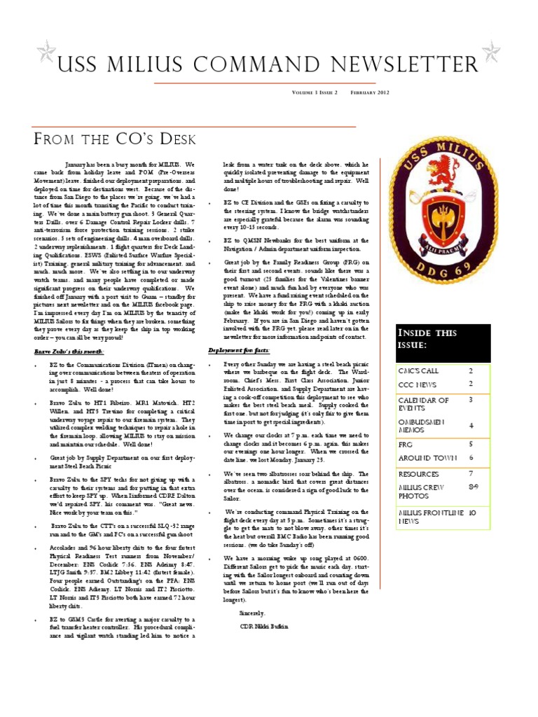 Uss Milius Command Newslet Ter: F CO' D | PDF | Armed Conflict | Unrest