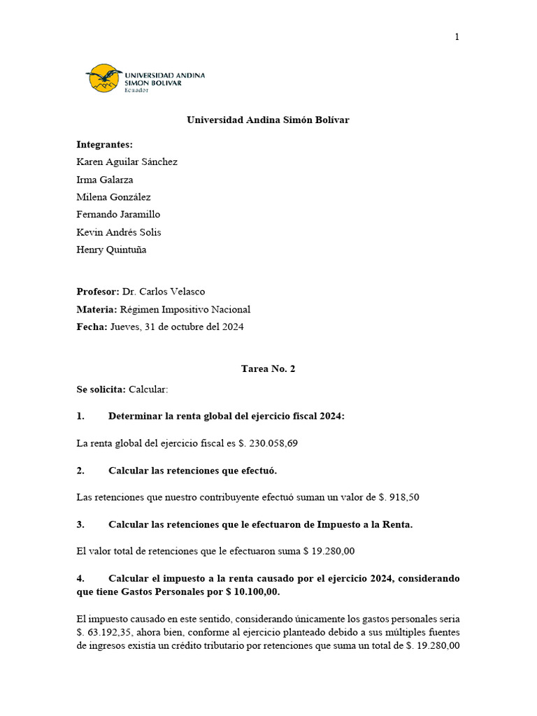 Tarea No-2 | PDF | Impuestos | Impuesto sobre la renta