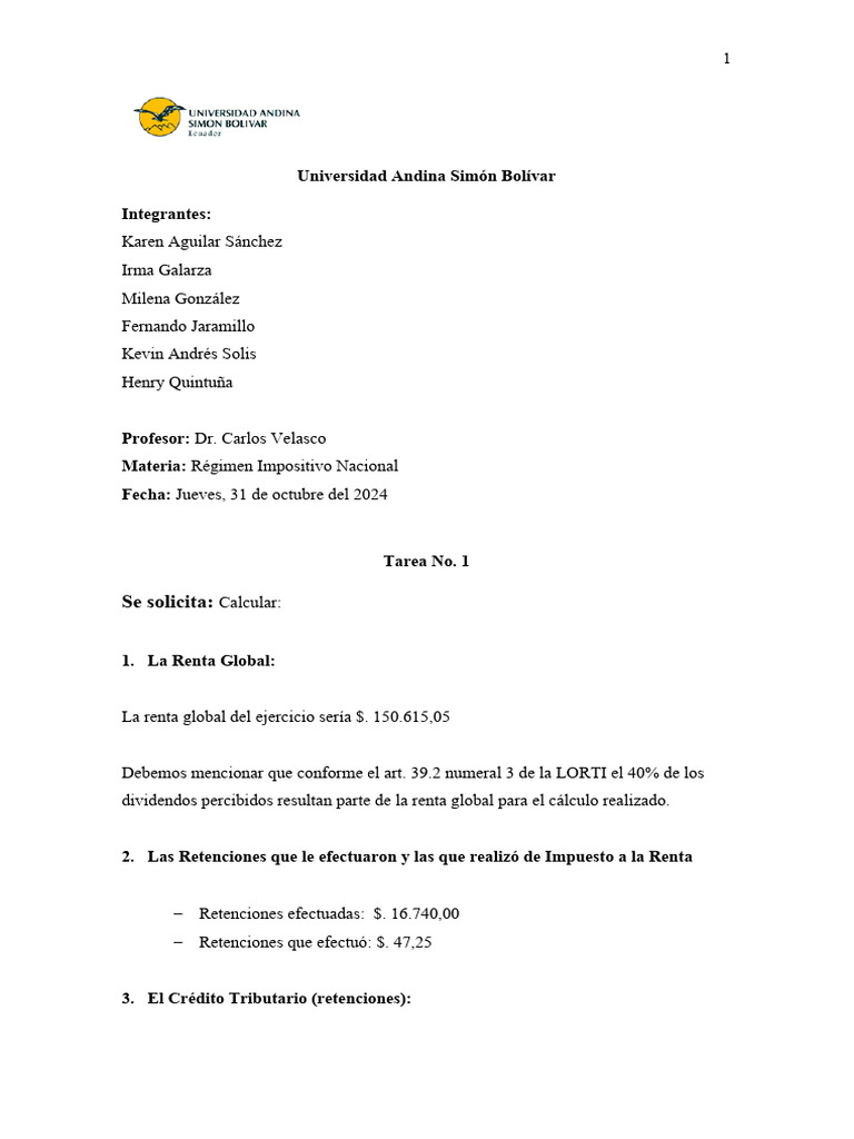 Tarea No | PDF | Impuestos | Impuesto sobre la renta