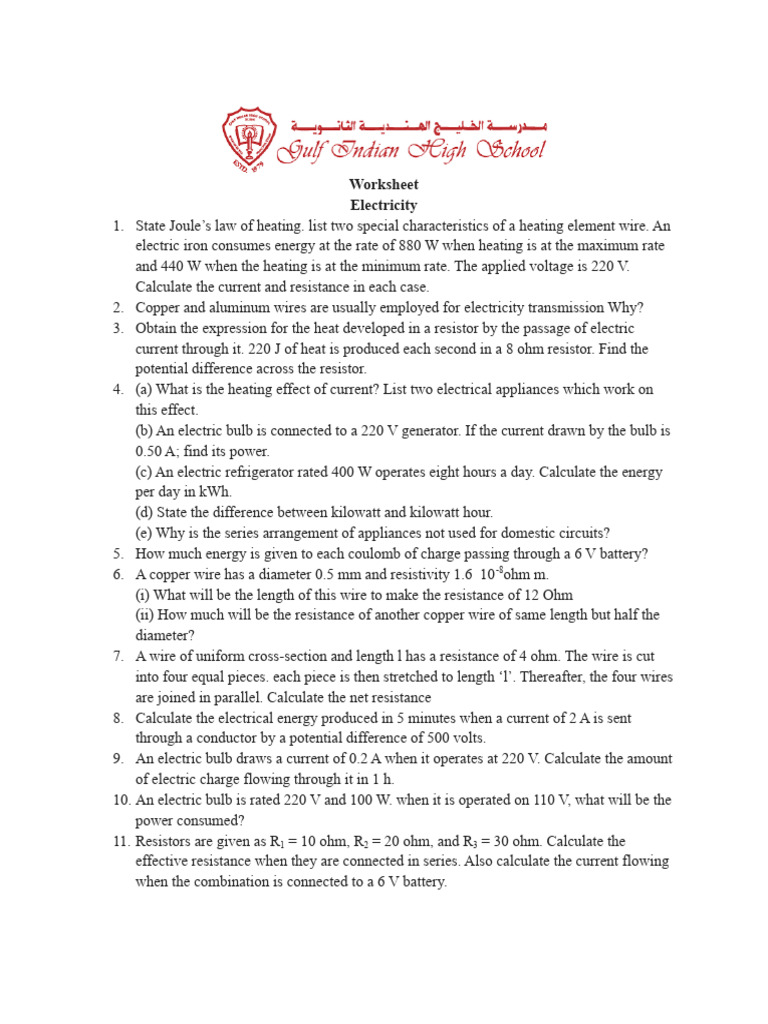 Electricity Worksheet: Concepts & Calculations | PDF | Electrical ...