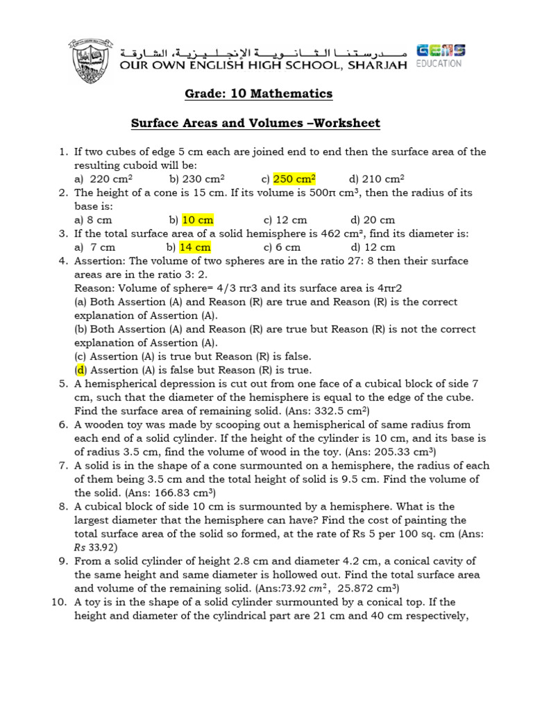 Gr10 - Chapter End Worksheet Surface Areas and Volumes | PDF | Sphere ...