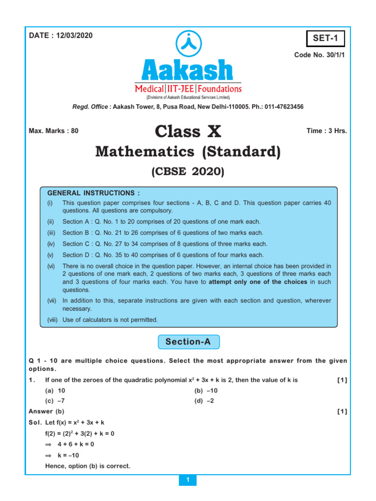 Class X Mathematics Question Paper 2020 | PDF | Triangle | Quadratic ...