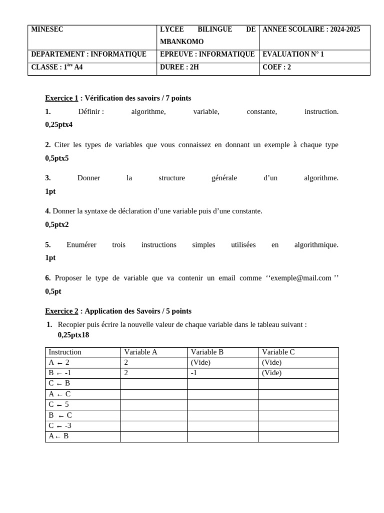 Exercice d'algorithmique et variables | PDF | Informatique ...